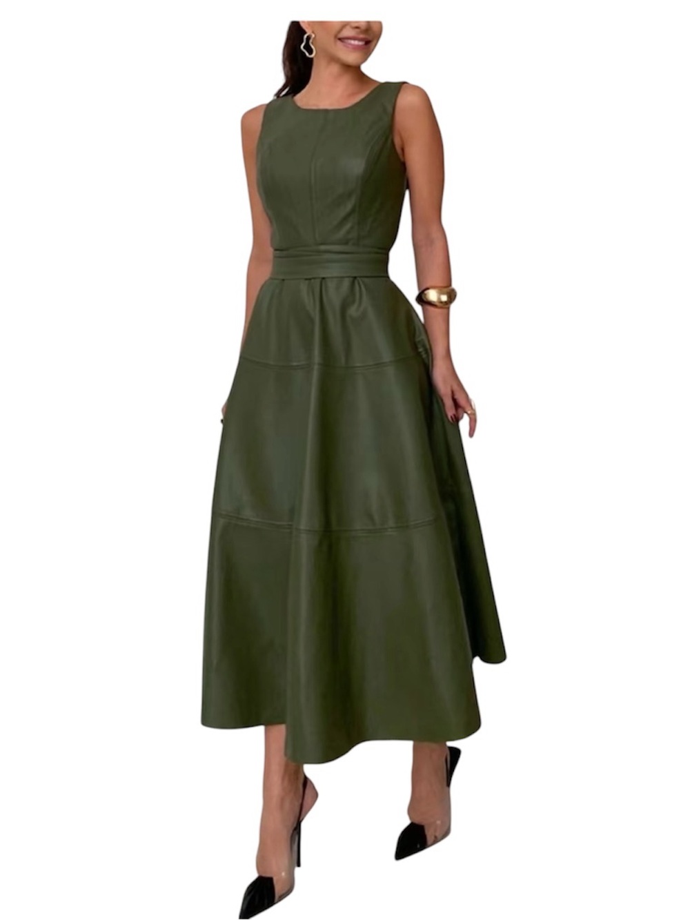 CHARTOU Women's Summer and Autumn Sleeveless PU Faux Leather  Maxi Dress S